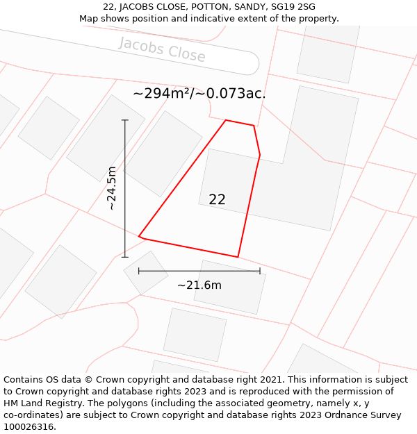 22, JACOBS CLOSE, POTTON, SANDY, SG19 2SG: Plot and title map