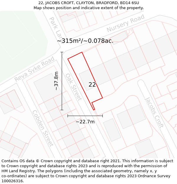 22, JACOBS CROFT, CLAYTON, BRADFORD, BD14 6SU: Plot and title map