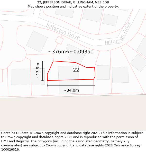 22, JEFFERSON DRIVE, GILLINGHAM, ME8 0DB: Plot and title map