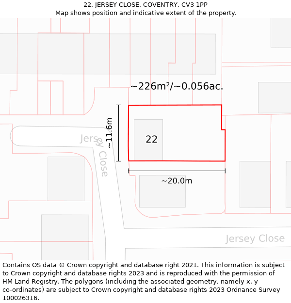 22, JERSEY CLOSE, COVENTRY, CV3 1PP: Plot and title map