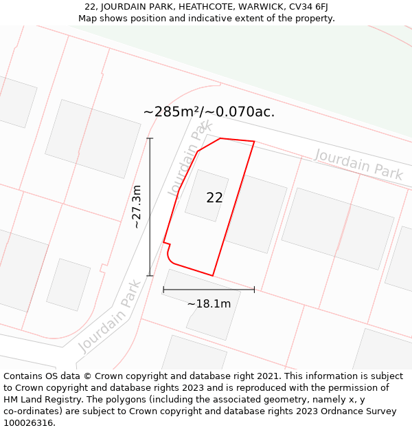 22, JOURDAIN PARK, HEATHCOTE, WARWICK, CV34 6FJ: Plot and title map