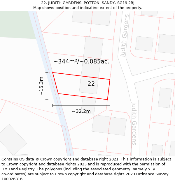 22, JUDITH GARDENS, POTTON, SANDY, SG19 2RJ: Plot and title map