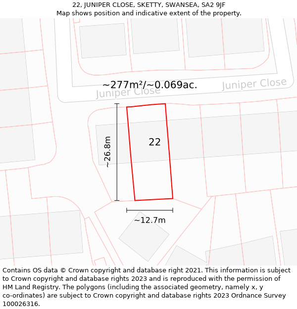 22, JUNIPER CLOSE, SKETTY, SWANSEA, SA2 9JF: Plot and title map