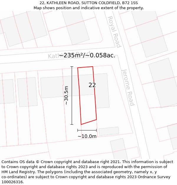 22, KATHLEEN ROAD, SUTTON COLDFIELD, B72 1SS: Plot and title map