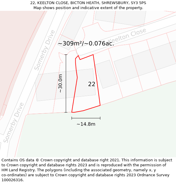 22, KEELTON CLOSE, BICTON HEATH, SHREWSBURY, SY3 5PS: Plot and title map