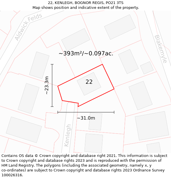 22, KENLEGH, BOGNOR REGIS, PO21 3TS: Plot and title map