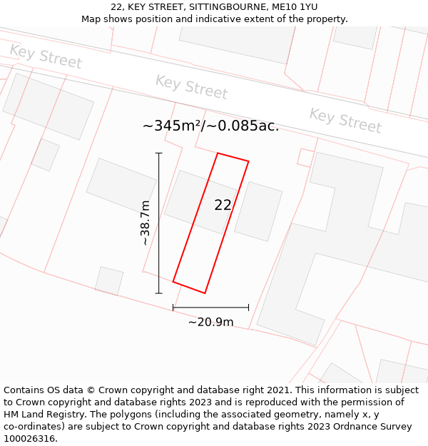 22, KEY STREET, SITTINGBOURNE, ME10 1YU: Plot and title map