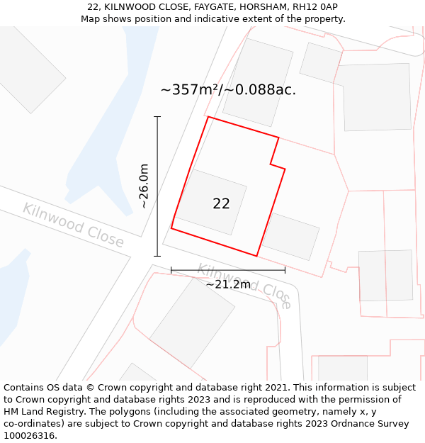 22, KILNWOOD CLOSE, FAYGATE, HORSHAM, RH12 0AP: Plot and title map