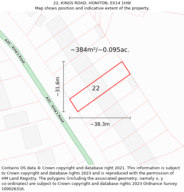22, KINGS ROAD, HONITON, EX14 1HW: Plot and title map