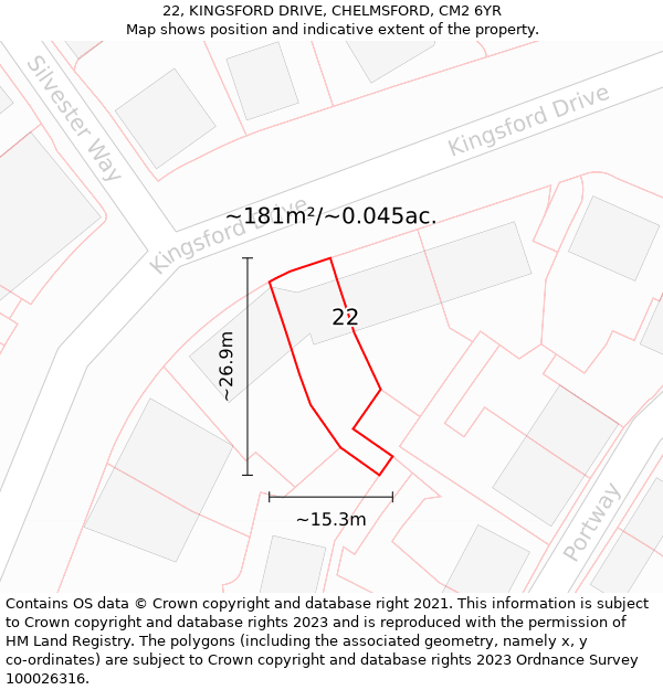 22, KINGSFORD DRIVE, CHELMSFORD, CM2 6YR: Plot and title map