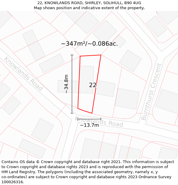 22, KNOWLANDS ROAD, SHIRLEY, SOLIHULL, B90 4UG: Plot and title map