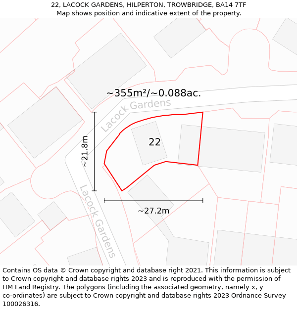 22, LACOCK GARDENS, HILPERTON, TROWBRIDGE, BA14 7TF: Plot and title map