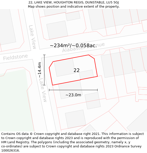 22, LAKE VIEW, HOUGHTON REGIS, DUNSTABLE, LU5 5GJ: Plot and title map