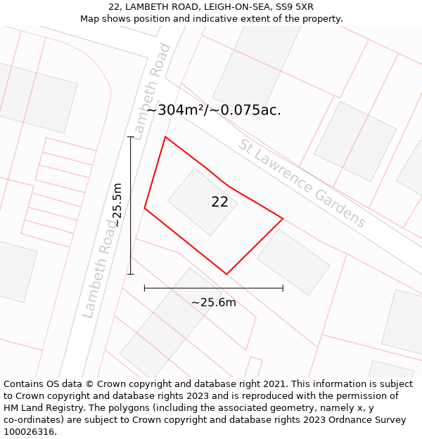22, LAMBETH ROAD, LEIGH-ON-SEA, SS9 5XR: Plot and title map