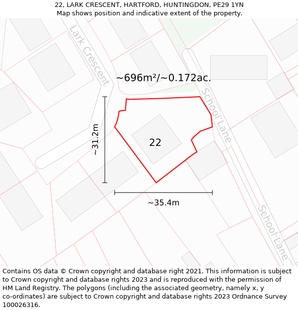 22, LARK CRESCENT, HARTFORD, HUNTINGDON, PE29 1YN: Plot and title map