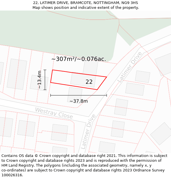 22, LATIMER DRIVE, BRAMCOTE, NOTTINGHAM, NG9 3HS: Plot and title map