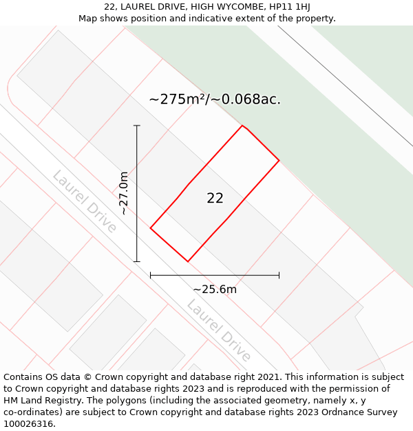 22, LAUREL DRIVE, HIGH WYCOMBE, HP11 1HJ: Plot and title map