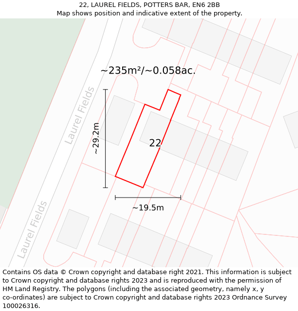 22, LAUREL FIELDS, POTTERS BAR, EN6 2BB: Plot and title map