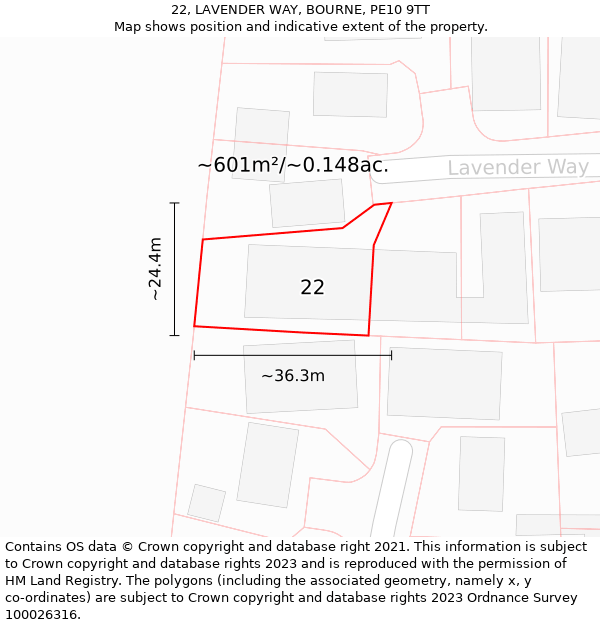 22, LAVENDER WAY, BOURNE, PE10 9TT: Plot and title map