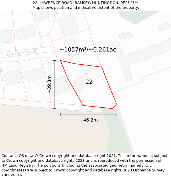 22, LAWRENCE ROAD, RAMSEY, HUNTINGDON, PE26 1UY: Plot and title map