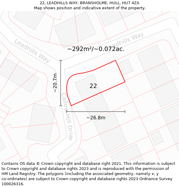 22, LEADHILLS WAY, BRANSHOLME, HULL, HU7 4ZA: Plot and title map