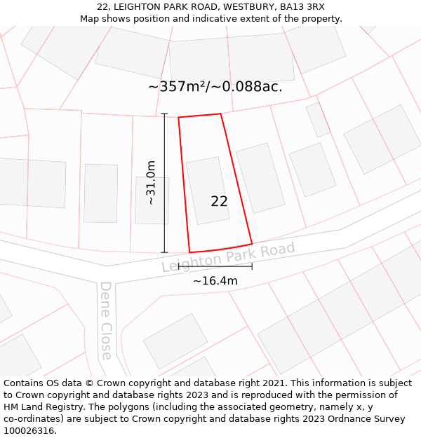 22, LEIGHTON PARK ROAD, WESTBURY, BA13 3RX: Plot and title map
