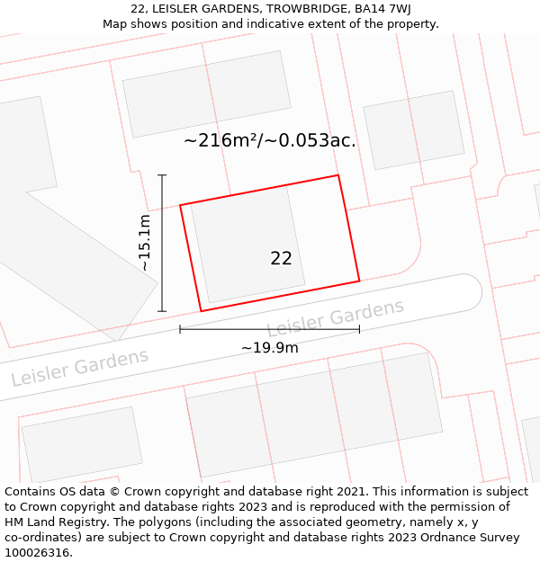 22, LEISLER GARDENS, TROWBRIDGE, BA14 7WJ: Plot and title map