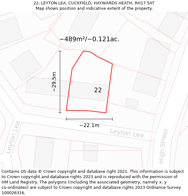 22, LEYTON LEA, CUCKFIELD, HAYWARDS HEATH, RH17 5AT: Plot and title map