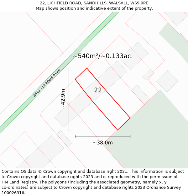 22, LICHFIELD ROAD, SANDHILLS, WALSALL, WS9 9PE: Plot and title map