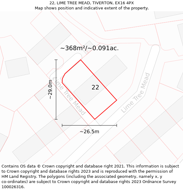 22, LIME TREE MEAD, TIVERTON, EX16 4PX: Plot and title map