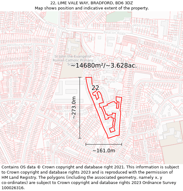 22, LIME VALE WAY, BRADFORD, BD6 3DZ: Plot and title map