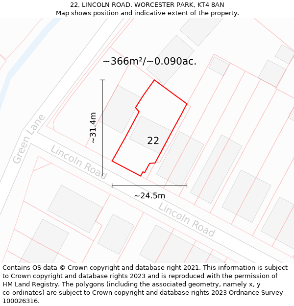 22, LINCOLN ROAD, WORCESTER PARK, KT4 8AN: Plot and title map