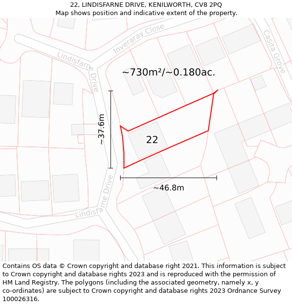 22, LINDISFARNE DRIVE, KENILWORTH, CV8 2PQ: Plot and title map