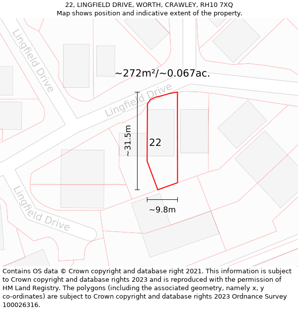 22, LINGFIELD DRIVE, WORTH, CRAWLEY, RH10 7XQ: Plot and title map