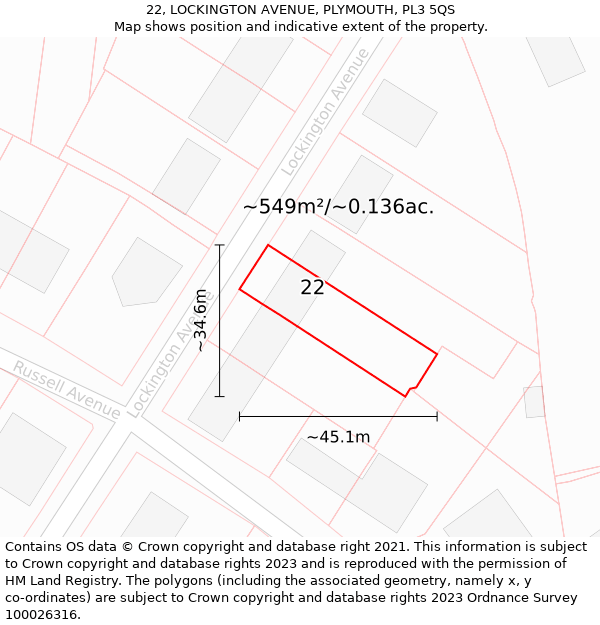 22, LOCKINGTON AVENUE, PLYMOUTH, PL3 5QS: Plot and title map