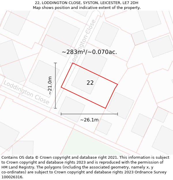 22, LODDINGTON CLOSE, SYSTON, LEICESTER, LE7 2DH: Plot and title map