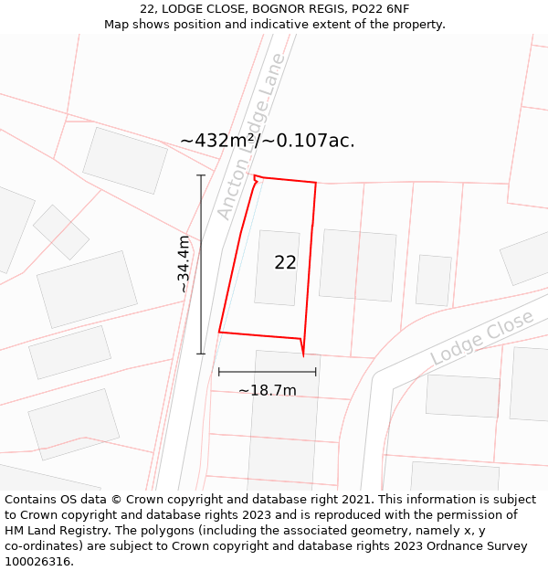 22, LODGE CLOSE, BOGNOR REGIS, PO22 6NF: Plot and title map