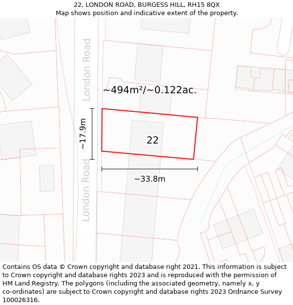 22, LONDON ROAD, BURGESS HILL, RH15 8QX: Plot and title map