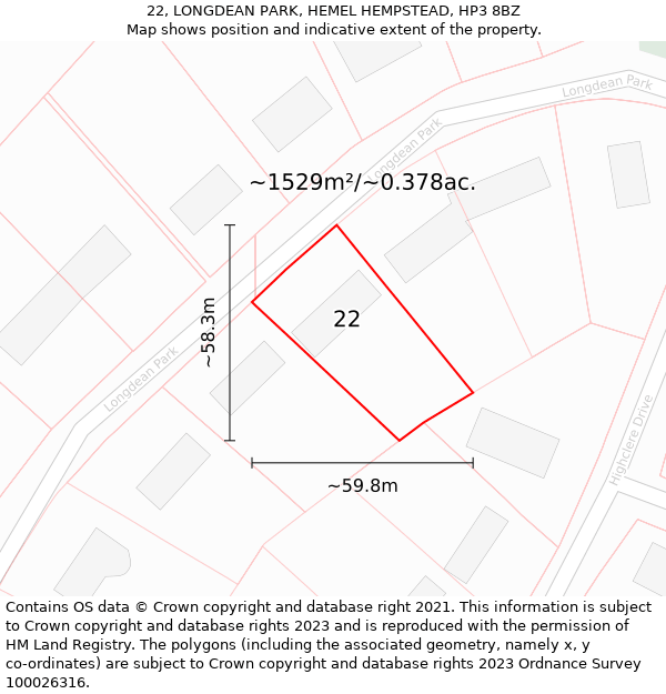22, LONGDEAN PARK, HEMEL HEMPSTEAD, HP3 8BZ: Plot and title map