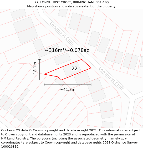 22, LONGHURST CROFT, BIRMINGHAM, B31 4SQ: Plot and title map