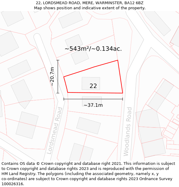 22, LORDSMEAD ROAD, MERE, WARMINSTER, BA12 6BZ: Plot and title map