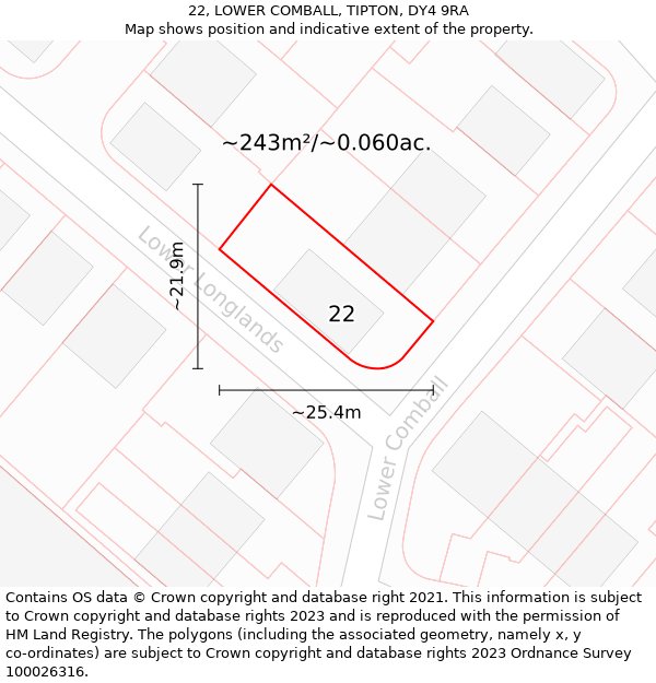 22, LOWER COMBALL, TIPTON, DY4 9RA: Plot and title map