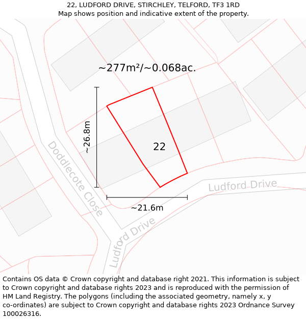 22, LUDFORD DRIVE, STIRCHLEY, TELFORD, TF3 1RD: Plot and title map