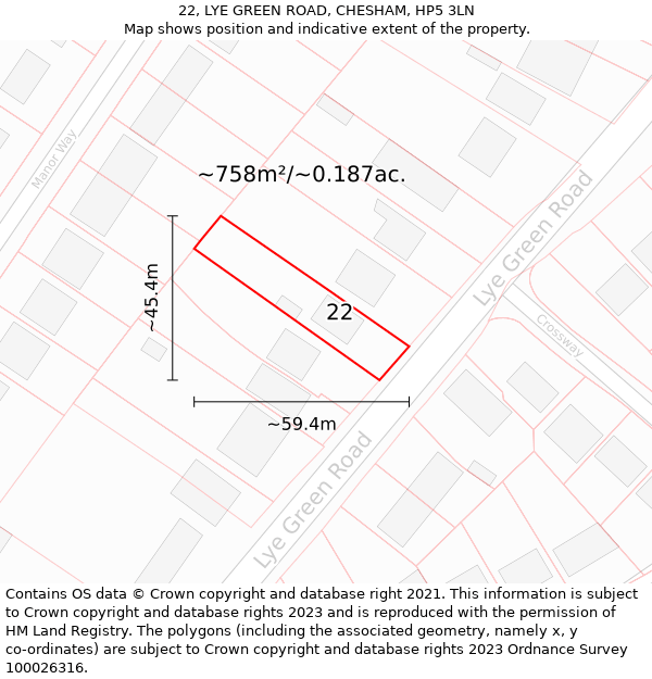 22, LYE GREEN ROAD, CHESHAM, HP5 3LN: Plot and title map