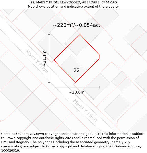 22, MAES Y FFION, LLWYDCOED, ABERDARE, CF44 0AQ: Plot and title map