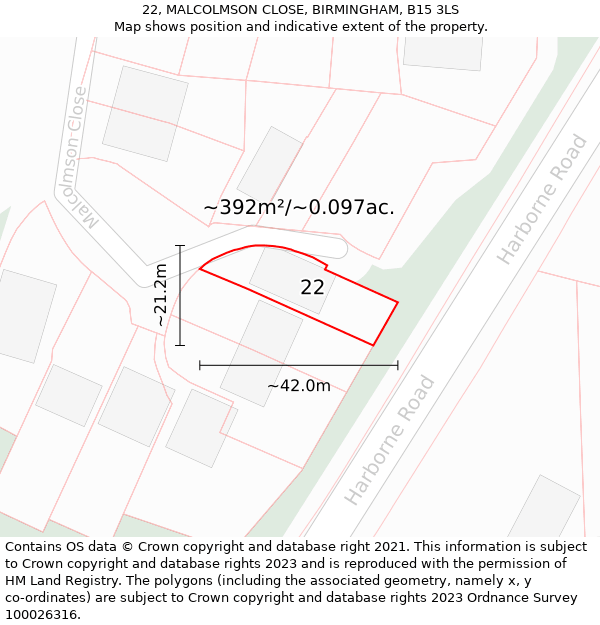 22, MALCOLMSON CLOSE, BIRMINGHAM, B15 3LS: Plot and title map