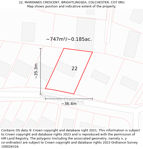 22, MARENNES CRESCENT, BRIGHTLINGSEA, COLCHESTER, CO7 0RU: Plot and title map