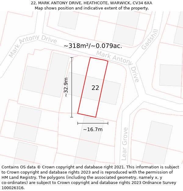 22, MARK ANTONY DRIVE, HEATHCOTE, WARWICK, CV34 6XA: Plot and title map