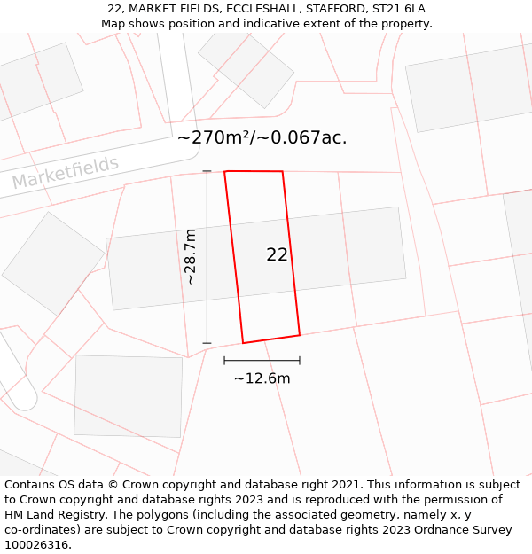 22, MARKET FIELDS, ECCLESHALL, STAFFORD, ST21 6LA: Plot and title map