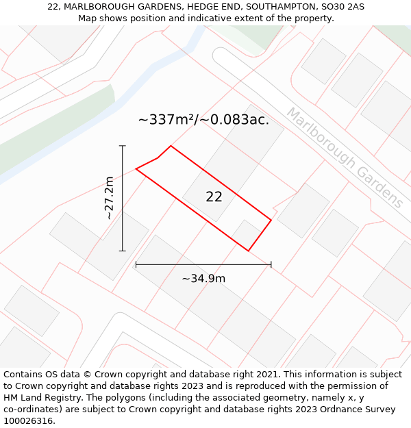 22, MARLBOROUGH GARDENS, HEDGE END, SOUTHAMPTON, SO30 2AS: Plot and title map